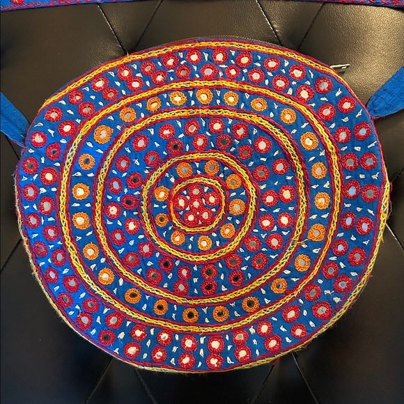 Unique Colorful Embroidered Crossbody Round Purse with Mirrored Insets - Picture 3 of 6